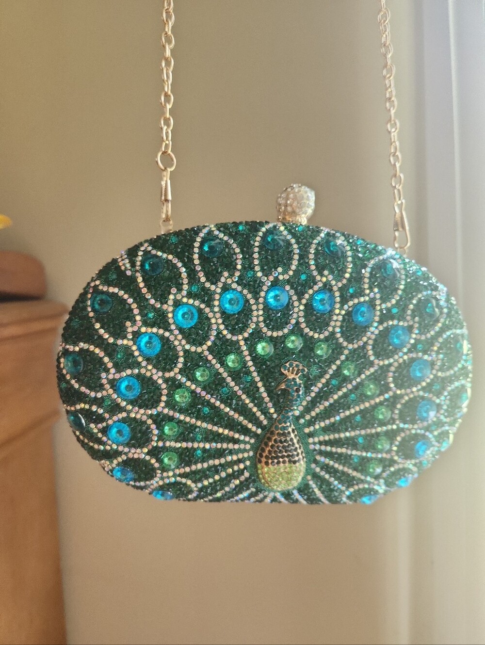 New Green Jeweled Peacock Evening Clutch With Long Gold Chain